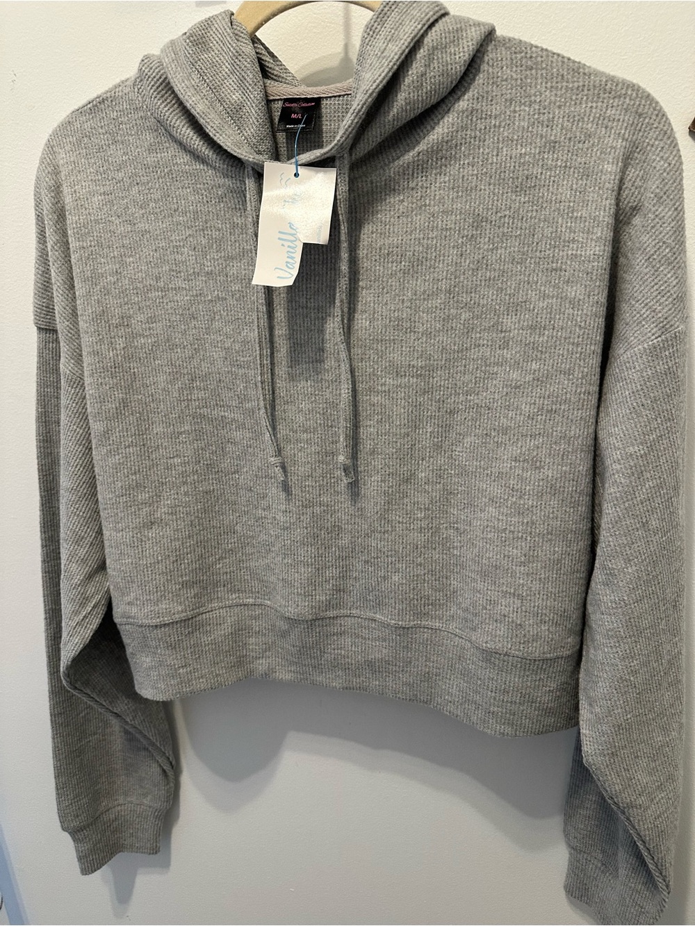 Vanilla Sky Gray Cropped Waffle-Knit Hoodie